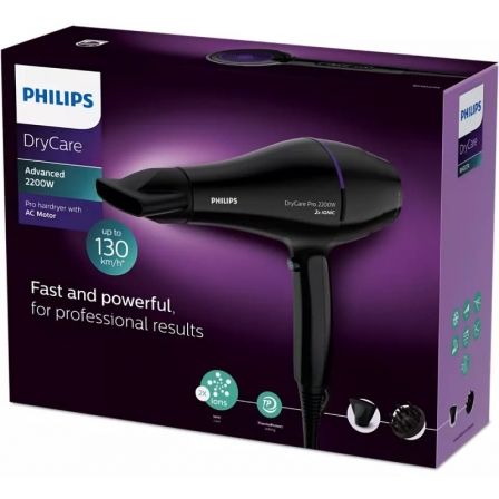 Philips Drycare Advanced Pro - Secador de Pelo Profesional 2200W con Motor AC, Tecnología Iónica, Difusor y Boquilla Concentradora, 6 Velocidades, Aire Frío, Negro